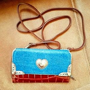 Brown vinyl and blue denim wallet with hearts